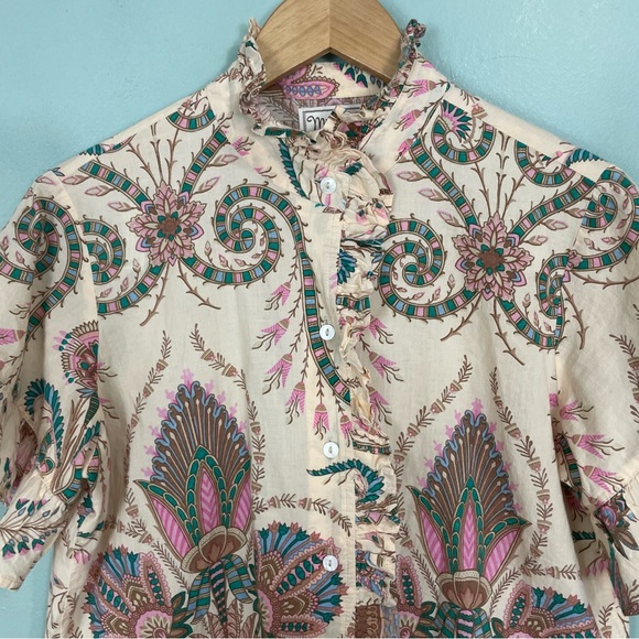Mille Vanessa Top Versailles Women Sz Medium Cream Multi Button Down Ruffle - Picture 4 of 10